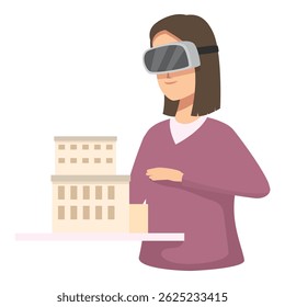 El avatar femenino está inmerso en la simulación VR, interactuando con un modelo digital de un edificio
