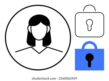 A female avatar inside a circle and two padlock symbols one black and white the other blue conveying ideas of security and privacy. Ideal for identity protection profile security digital privacy