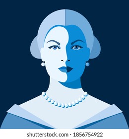 Female avatar. Middle aged lady. Woman with gray hair, in evening dress, earrings and necklace. Vector illustration in blue colors