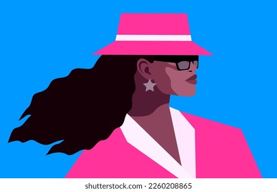 Female avatar. Portrait of African girl with long curly hair, wearing jacket, hat and sunglasses, side view. Vector illustration