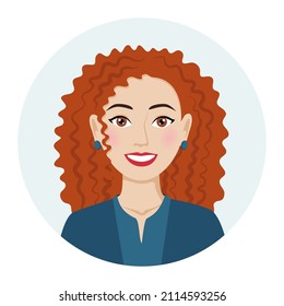 Female avatar, portrait of a business woman with curly hair. Vector illustration of a female character in a modern color style