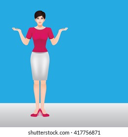 A Female Avatar Of Professions People. Full Body. Flat Style Icons. Occupation Avatar. Woman/ Girl Explaining Something. Vector Illustration