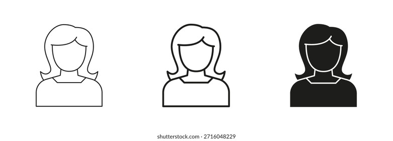 Línea De Perfil De Avatar Femenino Y Conjunto De Iconos Sólidos. Identificación De Usuarios Y Contorno De Redes Sociales Y Colección De Símbolos De Silueta. Ilustración vectorial aislada.