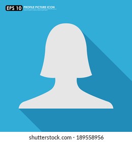 Female avatar profile picture icon with shadow on blue background