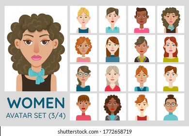 Female avatar set. Collection of 16 avatars with different hairstyles, face shapes, skin color and clothing. Set 3 of 4.