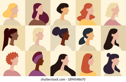 Female avatar set. Collection of profile portraits of women cartoon characters. Various nationality: african american, redhead, blonde, brunette, asian, muslim, european. 