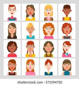 Female avatar set. Vector illustration. Hair, glasses and earrings are isolated and interchangeables.