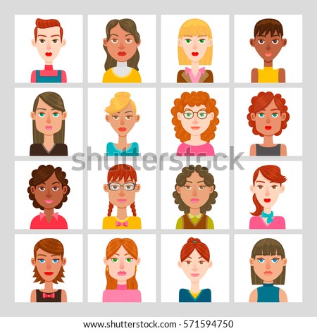 Female avatar set. Vector illustration. Hair, glasses and earrings are isolated and interchangeables.