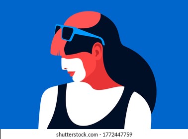 Weibliche Avatar, Seitenansicht. Junge Frau, Sommerkleid, langes Haar, Sonnenbrille. Vektorgrafik