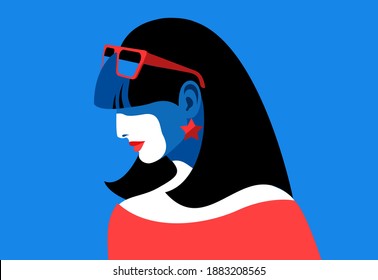 Female avatar, side view. Young woman with black hair, wearing red dress, sunglasses and earrings, looking down. Vector illustration