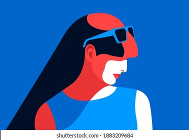 Female Avatar, Side View. Young Woman With Black Hair, Wearing Red Dress And Sunglasses, Looking Down. Vector Illustration