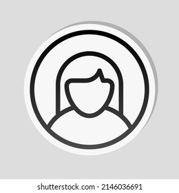 Female avatar, simple pictogram of woman face, business icon. Linear sticker, white border and simple shadow on gray background