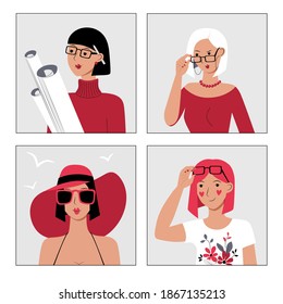 Juego de iconos de usuario de avatar femenino. Muchachas con gafas vacacionantes tomando el sol en la playa. Trabajando con papeles en las manos. Caracteres de diseño web de medios sociales. Ilustración moderna plana vectorial de material aislada.