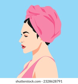 female avatar using hair towel. side view. vector illustration.