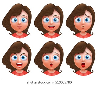 Female avatar vector character. Set of teenager girl heads with facial expressions and wavy long hair for fashion isolated in white background.
