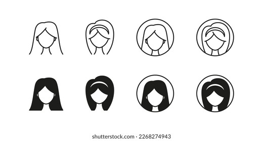 Juego de iconos vectoriales de avatar femenino. Símbolo de carácter personal del usuario de la mujer. Colección plana de fotos de perfil de medios sociales.