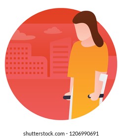 
Female avatar walking with support characterizing handicap walker  
