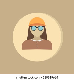 A female avatar. Avatar of a woman. Round icon image girl in glasses and a hat