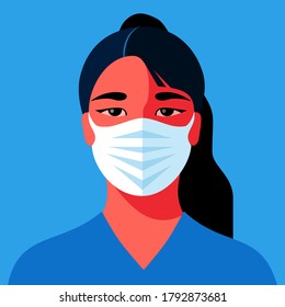 Female avatar. Young asian woman in medical face mask. Concept of coronavirus quarantine. Vector illustration