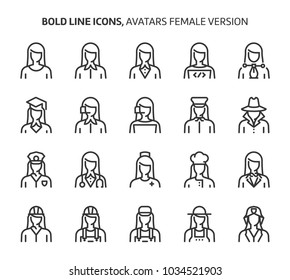 Female avatars, bold line icons. The illustrations are a vector, editable stroke, 48x48 pixel perfect files. Crafted with precision and eye for quality.