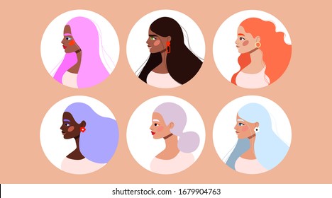 Female avatars in a circle. Beautiful women faces. Models. Variety of ethnicities, hair colours and hairstyles. Modern beauty and fashion concept. Collection of six character faces.