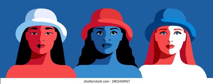 Female avatars, close-up portraits.  Asian, African and European girls in hats. Vector illustration