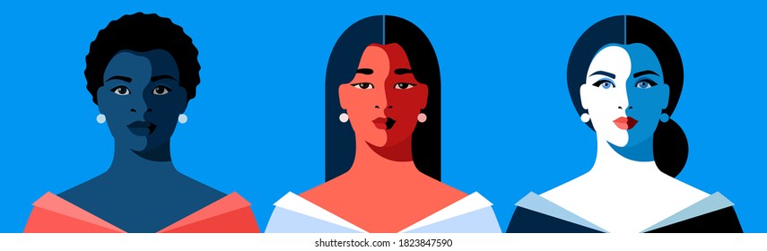 Female avatars of different nationality, full face portraits. African, Asian and European women in evening dresses, with different hairstyles. Vector illustration