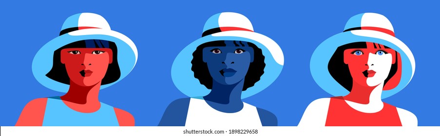 Female avatars of different nationality, full face portraits. European, Asian and African girls in summer clothes and big hats. Vector illustration
