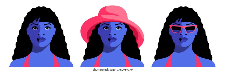 Female avatars. Portrait of young african girl, full face. Girl with long black curly hair, girl in sunglasses, girl in hat. Vector illustration