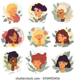 Female avatars portraits. Trendy beautiful women faces, pastel people heads, fashionable girls, brunettes, blonds, plants decor. Vector set