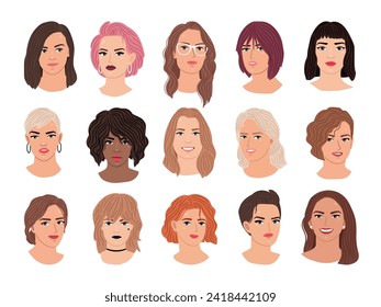 Female avatars set. Beautiful portrait of young woman with different hairstyles isolated on white background of character face female avatar portrait, vector illustration