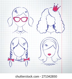 Female avatars vector set. Grunge hand drawn illustrations on checkered school notebook paper.