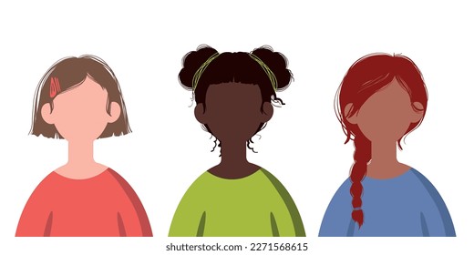 female avatars without a face on a white background with different hairstyles . portraits of women and girls. vector flat illustration.