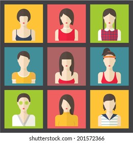 Female avatars, woman in casual clothes. Flat design vector illustration. People icons.