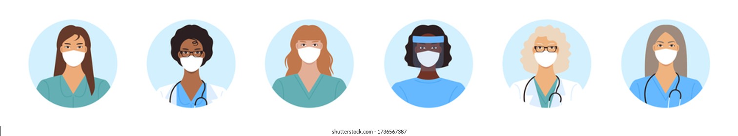 Female avatars. Woman as doctor or nurse, hospital staff flat vector set. Female characters in medical uniform and face masks. Woman wear protective surgical mask against infectious diseases. 