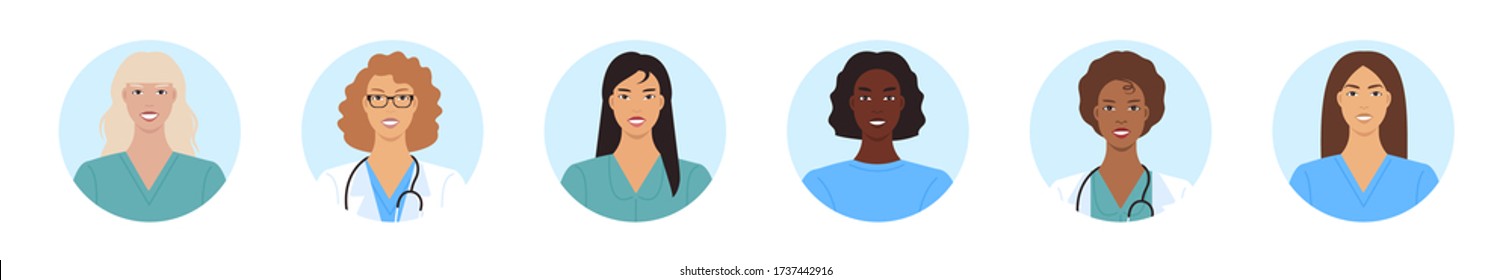 Female avatars. Woman as doctor or nurse, hospital staff flat vector set. Female characters in medical uniform without face masks. Woman protect us against infectious diseases.