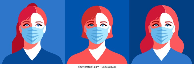 Female avatars. Young woman wearing medical face mask. Concept of coronavirus quarantine. Vector illustration