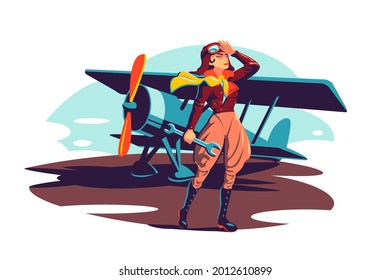 Female aviator holding wrench instrument vector illustration. Woman pilot in costume flat style. Repair airplane with tool. Pilot occupation, aircraft concept. Isolated on white background