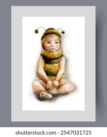 Female baby in bee costume looks to side sitting on floor, for poster. Watercolor print. Artwork with little girl dressed as bee for Christmas party, in frame with decor for wall art