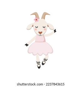 Female baby goat cartoon character as ballerina in tutu skirt. Cute comic animal dancing vector illustration. Ballet, fashion concept for kids or little girls