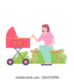 Female babysitter care infant of baby sleeping in a stroller, vector nanny characters Motherhood, mother with toddler , flat cartoon vector illustration. Preschool development.