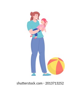 Female babysitter care kid, vector nanny character playing with child. Motherhood, mother with toddler, flat cartoon illustration. Preschool development vector illustration.