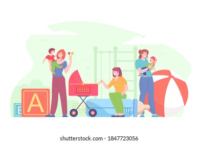 Female babysitter care kids, infant baby, vector nanny characters playing with children in kindergarten. Motherhood, mother with toddler in nursery, flat cartoon illustration. Preschool development