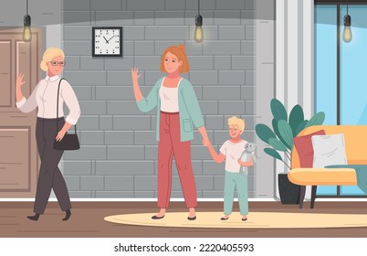 Female babysitter staying with little boy while his mum leaving home for work cartoon vector illustration