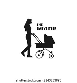 Female babysitter walking with baby stroller simple black vector silhouette illustration.