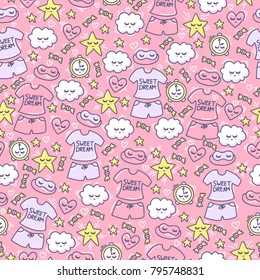 Female background with funny clouds, hearts, stars, candy, alarm clock, sleep mask and pajamas. Pink seamless pattern for little princess. Female ornament. Good Night.