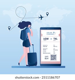 Mujer con mochila, maleta y teléfono inteligente, smartphone grande con tarjeta de embarque, check-in en línea, estilo simple de moda, Ilustración vectorial plana