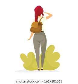 Female backpacker flat color vector illustration. Female tourist finding path. Hiker standing and watching. Trekker explore. Woman on trip isolated cartoon character on white background