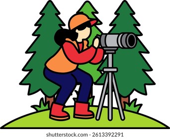 female backpacker looking through telescope in the forest