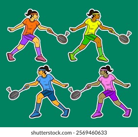 Female Badminton Player Doodle Sticker Illustration